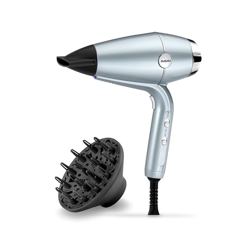 BaByliss Hydro‑Fusion Haardroger met Diffuser – Professionele ionische haardroger van 2100 W, plasma‑technologie voor glans, lichtgewicht ontwerp, 3 warmtestanden & 2 snelheden, blauw, D773DE