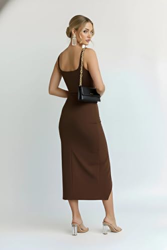 Image of Women's Sleeveless Midi Dress, Square Neck, Ruched Side, Bodycon Style with Slit