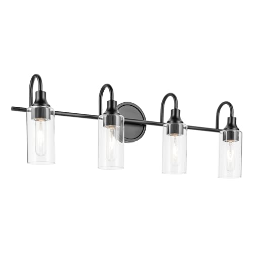 Image of Kichler Kavi 4-Light Bathroom Vanity Light, Black | Damp-rated vanity light with clear glass for bathroom mirrors (31.5 inch x 10 inch), 55212BK