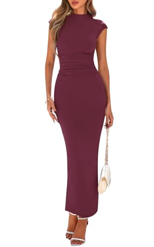 PRETTYGARDEN Women's Summer Maxi Dress Ruched Bodycon Sleeveless Formal Wedding Guest Elegant Cocktail Party Slit Dresses