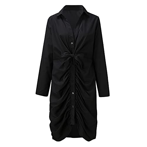 Sinifer Fall Women's Sexy Long Sleeve Pencil Dress Button Up Tie Front Deep V Neck Slim Fit Ruched Mini Bodycon Solid Color/Leopoed Retro Vintage Shirt Dress For Party Club Night Out(A Black L) #TOP2