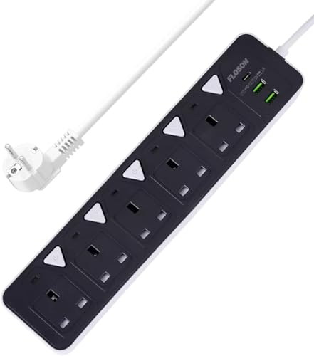 مشترك كهرباء متعدد المقابس مع منافذ USB وUSB نوع سي 5 مقابس كهربائية و2 منفذ USB مزود بحماية من الحمل الزائد وقفل أمان للأطفال