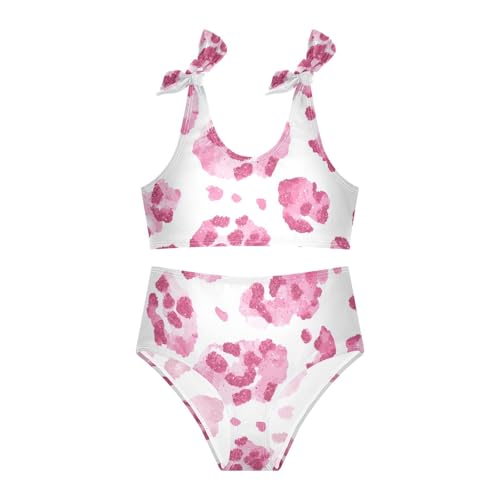 KLL Pink Glitter Leopard Print Girls' Two Piecing Bikini Set Scoop Neck Swimsuit Swimming Suits Cute Shoulder Strap3