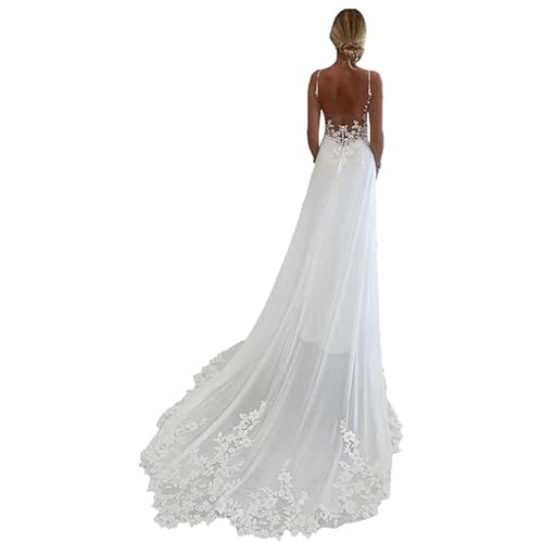 Robe de mariée col en V à fines bretelles et appliques en dentelle pour une silhouette gracieuse
