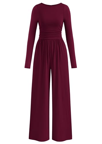 PRETTYGARDEN One Piece Jumpsuits for Women Dressy Casual Long Sleeve Crewneck Wide Leg Overalls Rompers Fall Fashion Vacation Outfits 2026 (Wine Red, L)