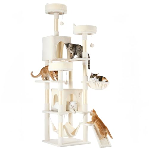 Image of Sweetcrispy Cat Tree 75 Inch, Large Multi-Level Tall Cat Tree Tower with Condo, Perches, Sisal Scratching Posts Board and Hammock, Pet Play House with Dangling Balls for Indoor Cats, Beige