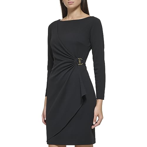 Image of DKNY Women's Long Sleeve V-Neck Side Ruched Sheath Dress with Hardware