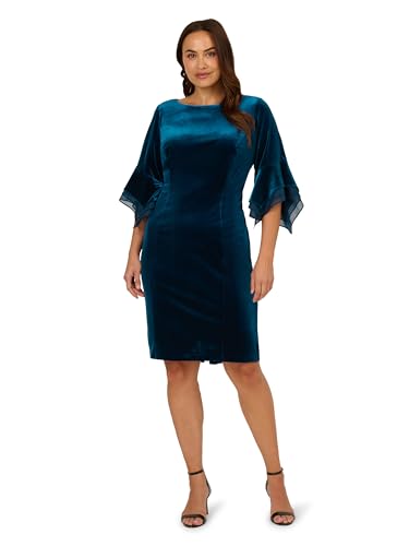 Adrianna Papell Women's Velvet Bell Sleeve Short Dress, Dark Teal, 22