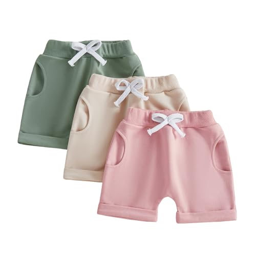allshope Toddler Baby Girl Summer Shorts Active Jogger Pants Elastic Waist Pocket Solid Color Athletic Sweatpant Harem Bottom, Green Apricot Pink, 2-3 Years