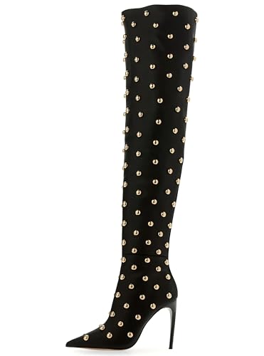 AMINUGAL Black Thigh High Boots for Women Wide Calf Pointed Toe Over The Knee Boots for Women Vintage Fashion Thigh Stiletto High Heel Boots Sexy Trendy Concert Club Y2K Going Out Shoes Size 7.5