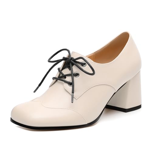 GUAVAIVY Women's Fashion Oxford Shoes Square Toe Lace-Up Chunky Low Heel Comfortable Solid Color for Women Versatile for Work & Casual Beige Matte Size 5