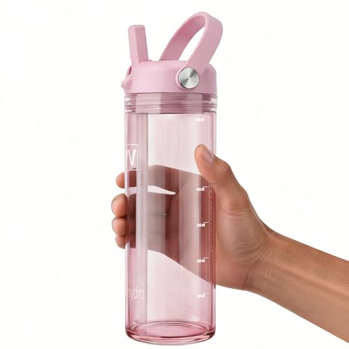 wawahydro 20 oz Clear Water Bottle with Straw & Handle, Leakproof Tritan Water Bottle, BPA Free Reusable Plastic Bottle with Volume Markings, Dishwasher Safe for School,Travel, Sports, Pink