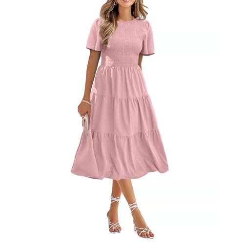 AYBIOSD Vestido De Verano De Manga Corta para Mujer, Cintura Ahumada, Vestidos Fluidos Casuales, Falda Larga con Cuello Redondo,Rosado,XXL