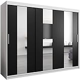 ABIKSMEBLE Pole 250 Armario 3 Puertas Correderas para Dormitorio - Armario Moderno con Espejo, Barra y Estantes - 250x200x62 cm (Ancho x Alto x Fondo) - Bianco Mate + Negro Mate