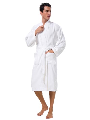 SIORO Mens Robes Terry Cloth Kimono Bathrobe Cotton Towel Bath Robe Soft Shower Spa Hotel Hot Tub Calf Length Long Sleepwear, Pure White Large2