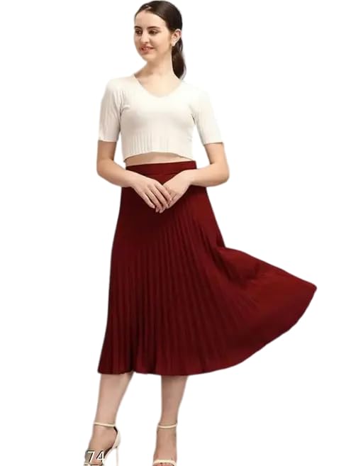 Women's Solid Pleated Midi Skirt-image-46
