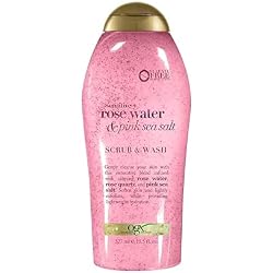 1 of OGX Sensitive + Rose Water & Pink Sea Salt Exfoliating Body Scrub + Rose Quartz, Gentle Exfoliating Daily Body Wash Softens Skin, Body Scrub for Women, Sulfate-Free Surfactants, 19.5 fl oz