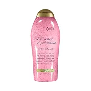 OGX Sensitive + Rose Water & Pink Sea Salt Exfoliating Body Scrub + Rose Quartz, Gentle Exfoliating Daily Body Wash Softens Skin, Body Scrub for Women, Sulfate-Free Surfactants, 19.5 fl oz