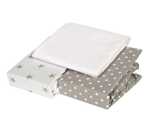 Juego de 2 sábanas bajeras + 1 protector de colchón impermeable 140 x 70 cm, 3 unidades, 100 % algodón certificado Oeko-Tex, diseño de lunares y estrellas grises