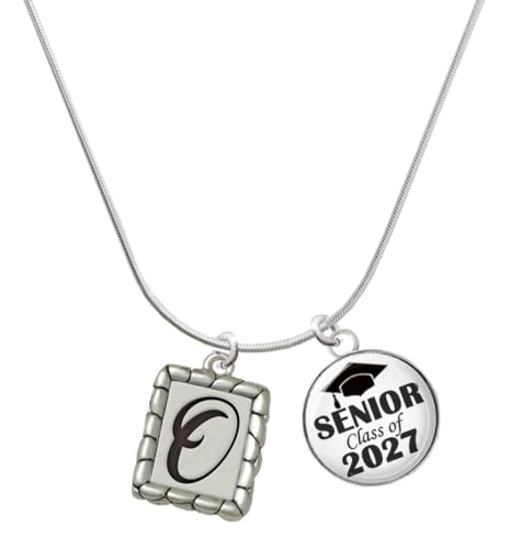 Delight Jewelry Silver Plated Pebble Border Initial - O - Senior Class of 2027 Dome Necklace, 18"