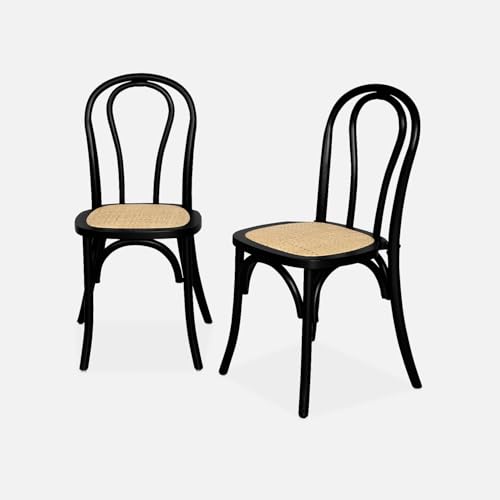 sweeek - Lot de Deux chaises Vintage en Bois avec Assise en rotin et Dossier Arrondi Coloris Noir