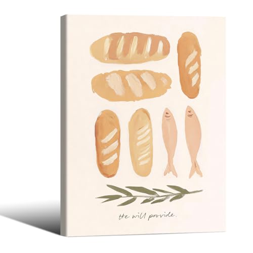 Jesus Christian Canvas Wall Art 8X10 Inch Wrapped Framed Loaves and Fish Food Poster Modern Minimalist Faith Prints Inspirational Bible Wall Decor for Kitchen Church Pray Room
