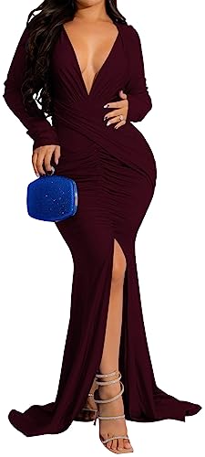 Image of Women's Elegant Formal Mermaid Maxi Dress Off Shoulder Long Sleeve Wedding Split Evening Gown Prom Cocktail Party Dresses