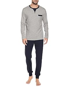 Winovia Herren Schlafanzug Langarm Baumwolle – Pyjama Set mit Rundhals & Bündchen – Bequemer Zweiteiler Loungewear Hausanzug Nachtwäsche mit Kontrastdetails Grau L