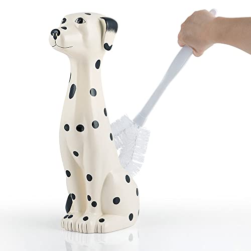 Image of Allure Home Creation Dalmatian Dog White & Black 2-Piece Ceramic Toilet Brush Holder w/White Plastic Handled Scrub Brush, 9.4” x 5.3” x 16.7”