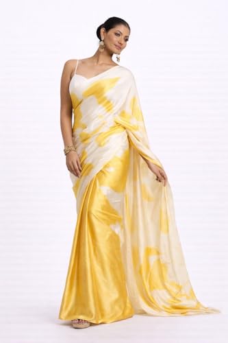 Image of Japan Satin Floral Print Saree for Women with Blouse Piece - Satin Finish Draped Saree