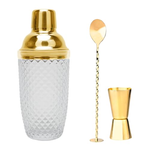 LUPATDY Kit Shaker à Cocktail en Verre - 400 ML Shaker Cocktail- avec Verre doseur en Acier Inoxydable et Pelle - pour la Maison, Le Bar, Le vin, Les jus de Fruits mélangés- Doré