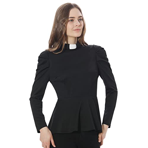 Women's Elegant Clergy Shirt Long Sleeve Ruffle Hem Ministers Blouse Casual Tops2