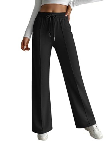 HOTOUCH Wide Leg Trousers for Women UK Ladies Tracksuit Bottoms Drawstring Joggers High Waisted Trousers Casual Yoga Pants with Pockets Black L