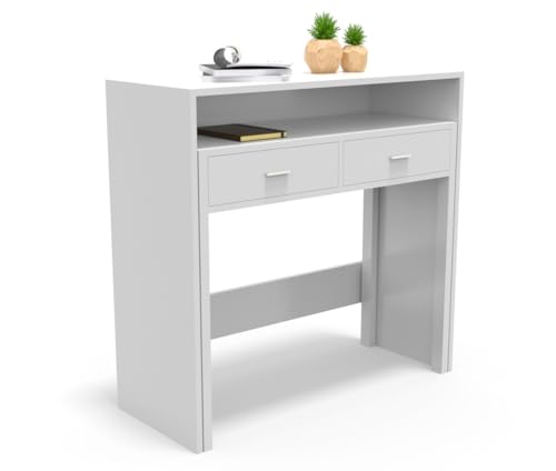 DORMIDAN- Consola Extraible, Mesa Escritorio Extensible, Mesa Estudio, con cajones y balda (Blanco)