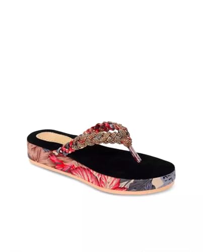 Image of ZAPATOZ Women's Floral Platform Sandals with Braided Gold Embellishment, Black Velvet Thong Slippers, Printed Sole Design