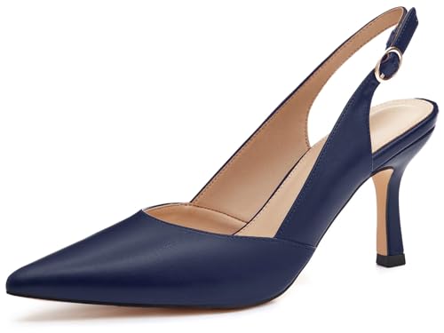 Coutgo Womens Slingback Kitten Heels Closed Pointed Toe Backless Wedding Party Dress Pumps Shoes Navy