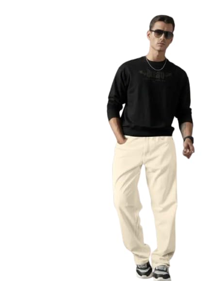 Image of Comfits Loose Fit Denim Baggy Jeans, Plain Beige, Relaxed Style