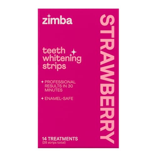 Zimba Strawberry Flavored Teeth Whitening Strips | Vegan, Enamel Safe Hydrogen Peroxide Teeth Whitener for Coffee, Wine, Tobacco, and Other Stains | 14 Day Treatment | Strawberry