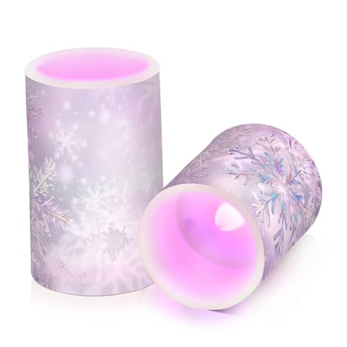 Image of Christmas Lights Flameless Candles Silver Background Snowflakes B Pillar Candles Set of 2 Battery Operated Remote Control Warm Lights Home Decor