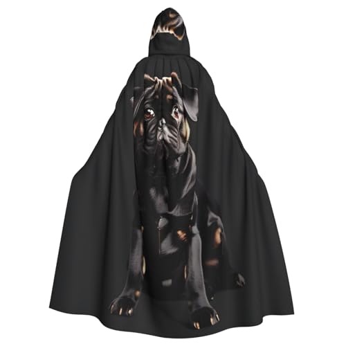 Cape de carnaval imprimé mignon carlin noir avec capuche intégrée coupe standard