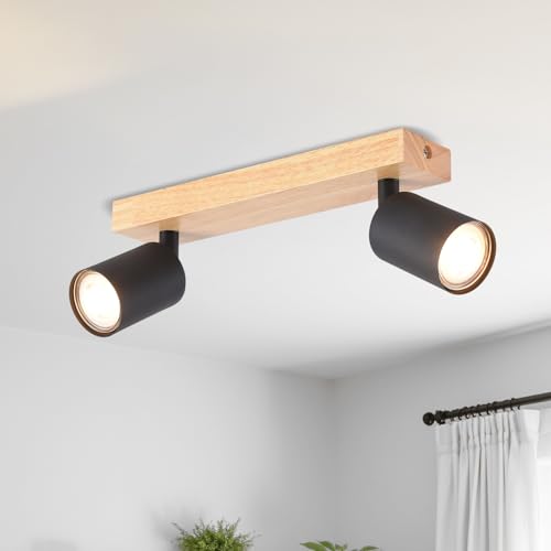 LVWIT Plafonnier 2 Spots LED GU10, Luminaires Intérieur Noir, Plafonnier Bois avec Base Rectangulaire, Applique Murale Salon, Lustre Chambre(Sans Ampoules)