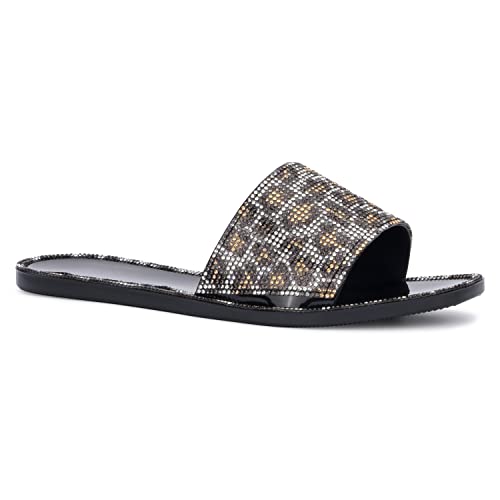 Olivia Miller Womenâs Fashion Ladies Shoes, Barleycove PVC Jelly w Embellished Glitter Rhinestones Geli Slides Open Toe Trend