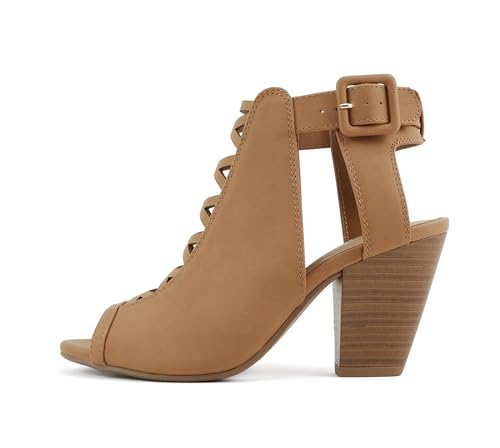 Soda Taking ~ Women Open Toe Low Heel Gladiator Sandal with Adjustable Ankle Strap (Tan Nubuck, 10)
