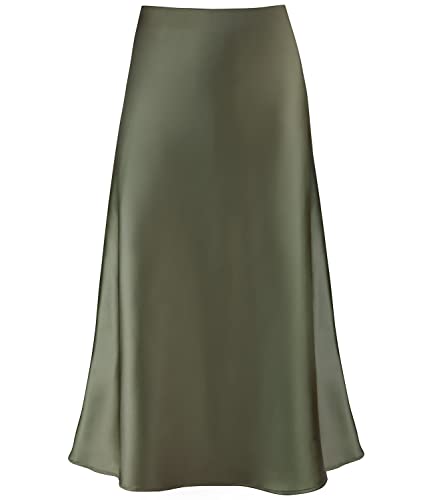 Modegal Women's Satin High Waist Hidden Elasticized Waistband Flared Casual A Line Midi Skirt (Army Green, Medium)