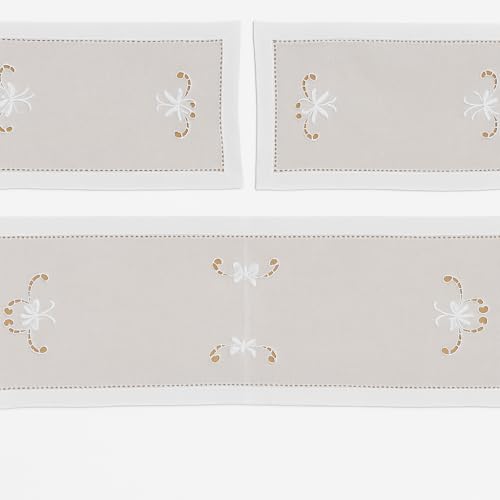Corredocasa Set Centro Centrini Runner Copritavolo da Sala Ricamati Eleganti e Raffinati Ottima Manifattura Misto Lino Disponibili in Pizzo o Macrame' o Tulle (Panna, Set 3 Pezzi Intaglio)