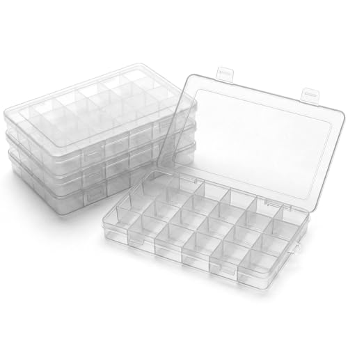 QWORK® 4 Piezas Caja Organizadora de Plástico 19 x 13 x 1,5 cm con 24 Compartimientos, Ideal para Joyas, Tornillos y Accesorios