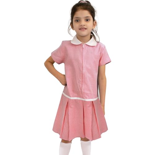 Girls Uniform School Dress Soft Comfortable Gingham Check Zip Up Summer Dresses with Matching Scrunchies