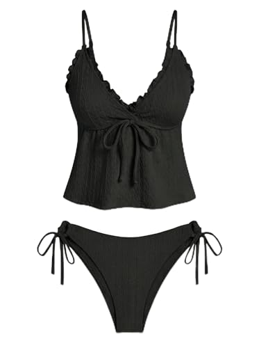 Image of ZAFUL Women's V Neck Textured Knot Tie Ruffle Trim Tankini Swimsuits