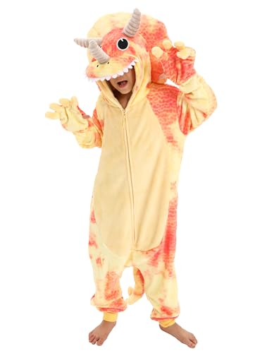 Loiahoer Kids & Teens Triceratops Onesie Costume Tie-dye Dino Halloween Costume Cosplay Costume Zipper for Girl and Boy Yellow S