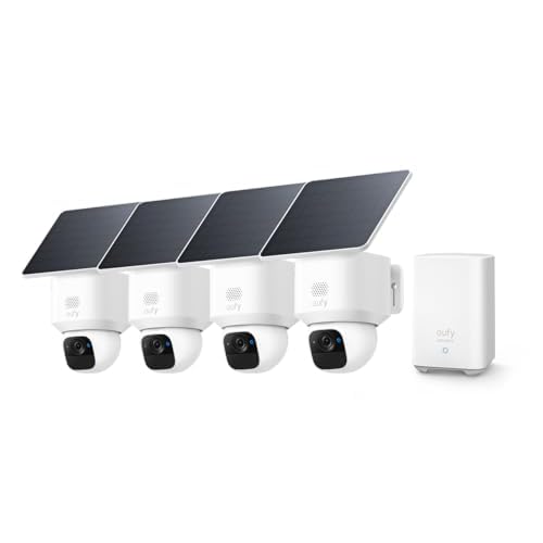 eufy eufyCam Kamera, 4er-Pack Solar, Kamera Überwachung Aussen, 360° Schwenk, KI-Tracking, 2K-Qualität, kabellos, eufy Sicherheitskamera Outdoor, mit Homebase 4 Pack+homebase